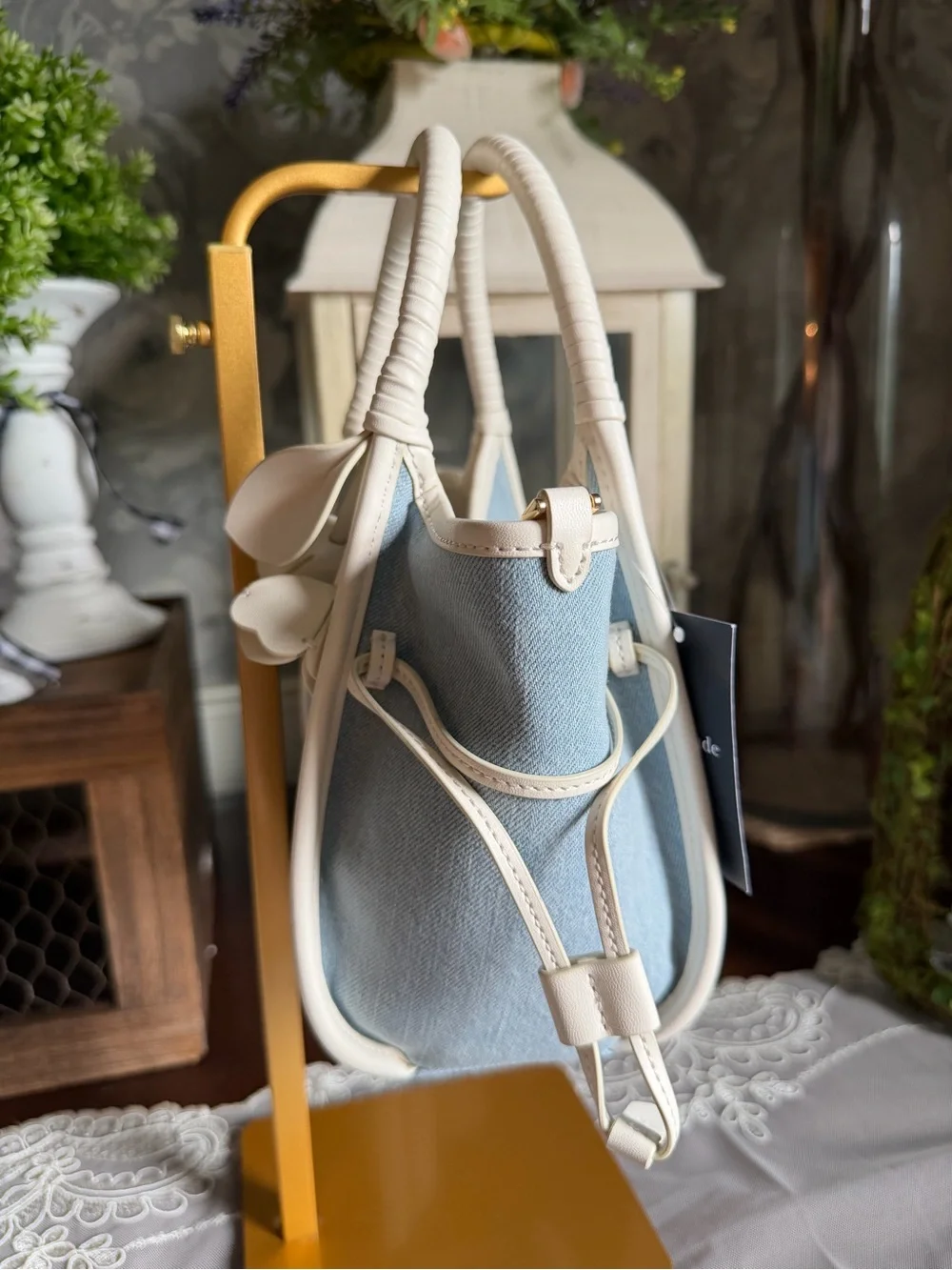 NWT Kate Spade Mini Cryall Leather Flower Blue Denim Fabric Tote Handbag Purse